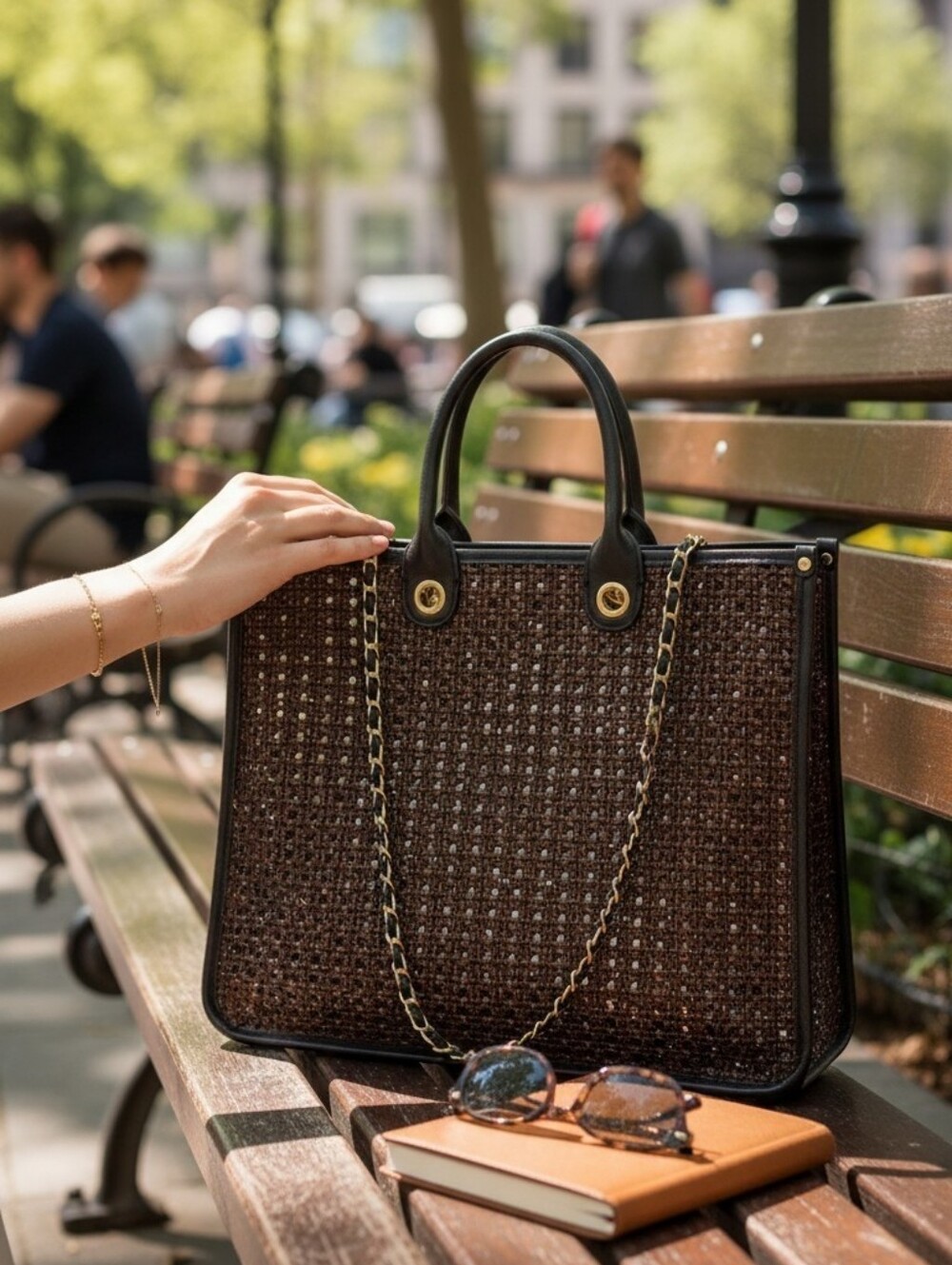 Steve Madden Brown Woven Tote with Black Trim and Gold Chain - Picture 1 of 10